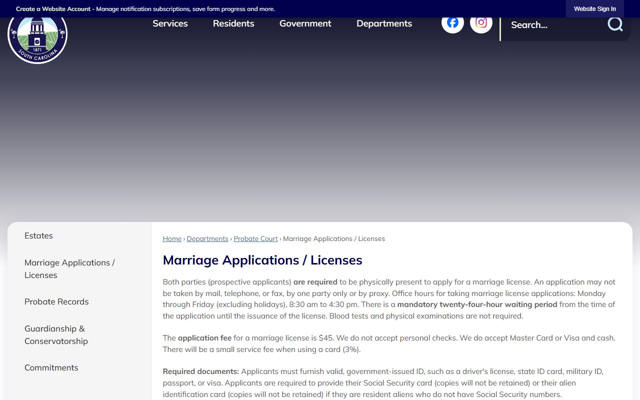 Aiken County Probate Court Marriage Applications and Marriage Records office