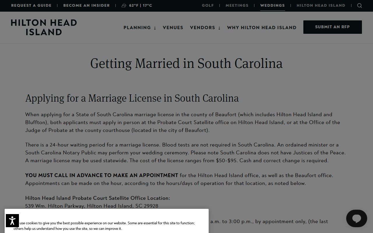 Hilton Head Island wedding legal requirements and Marriage Records fees