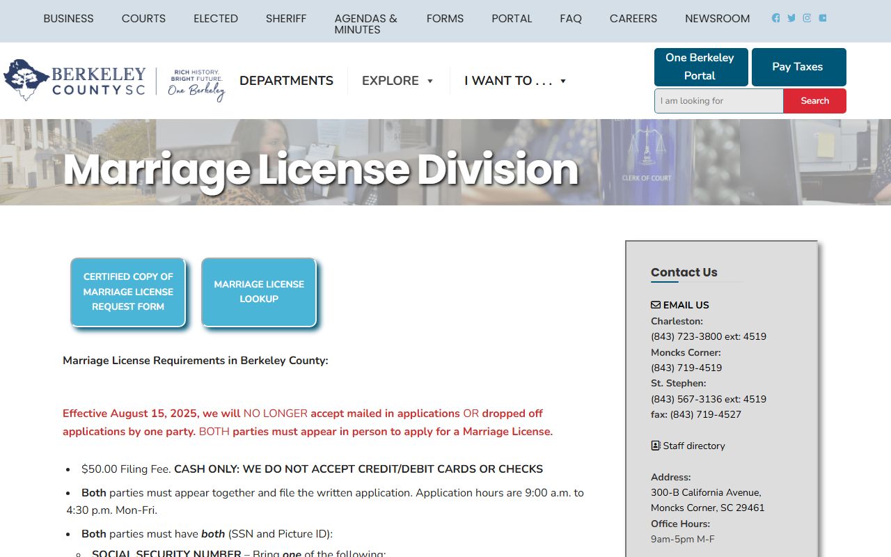 Berkeley County Probate Court marriage records office