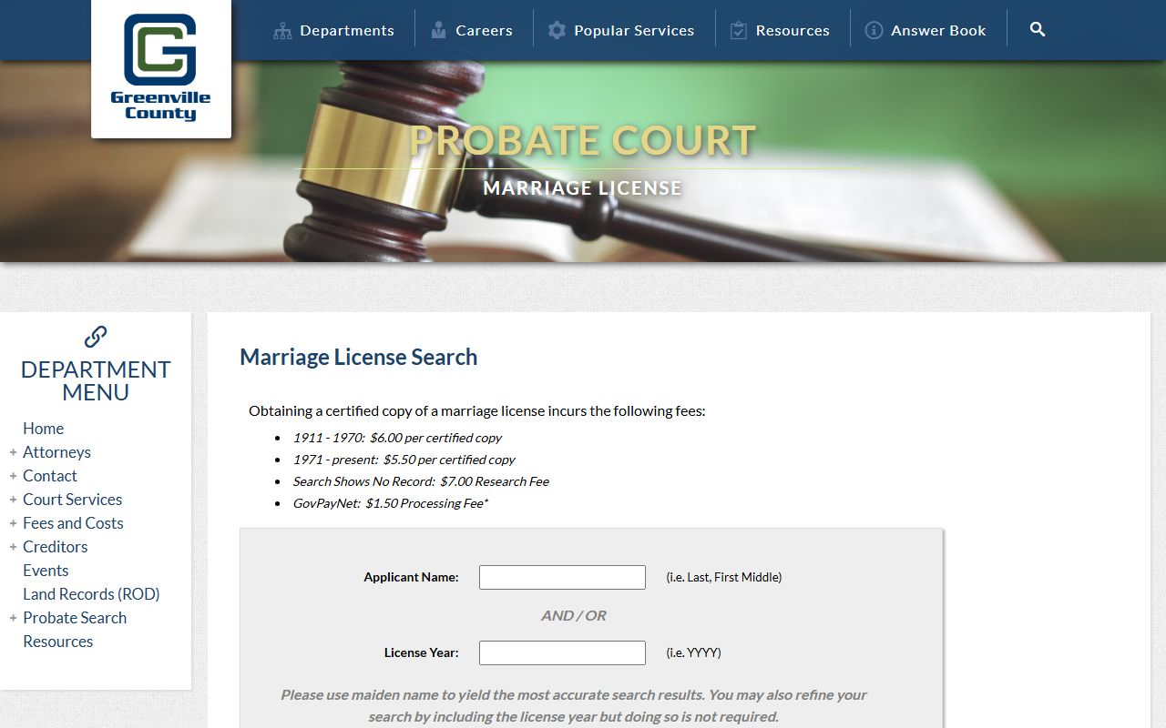 Greenville County marriage license search database online