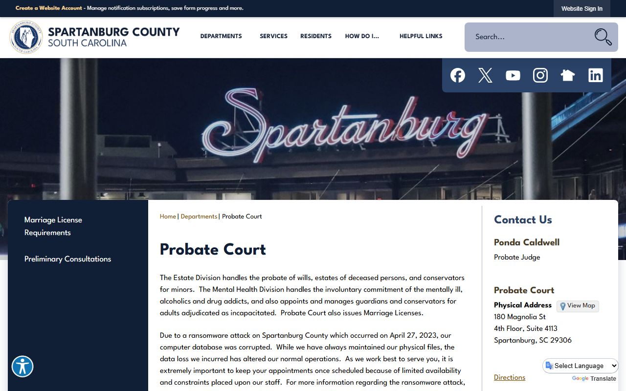 Spartanburg County Probate Court at the courthouse for marriage licenses