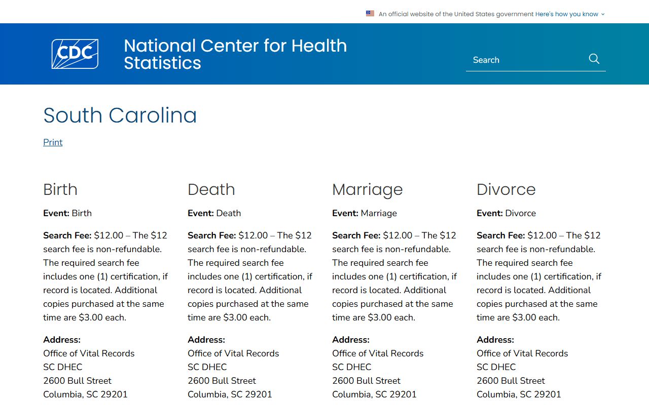 CDC South Carolina vital records information and fee schedule