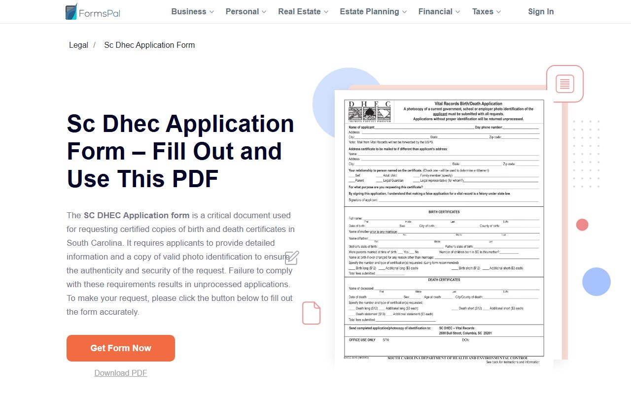 South Carolina DHEC vital records application form and ID requirements