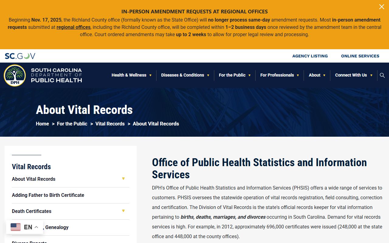 South Carolina DPH About Vital Records information page