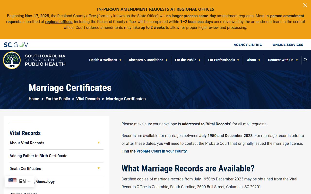 South Carolina DPH Marriage Certificates page for ordering records