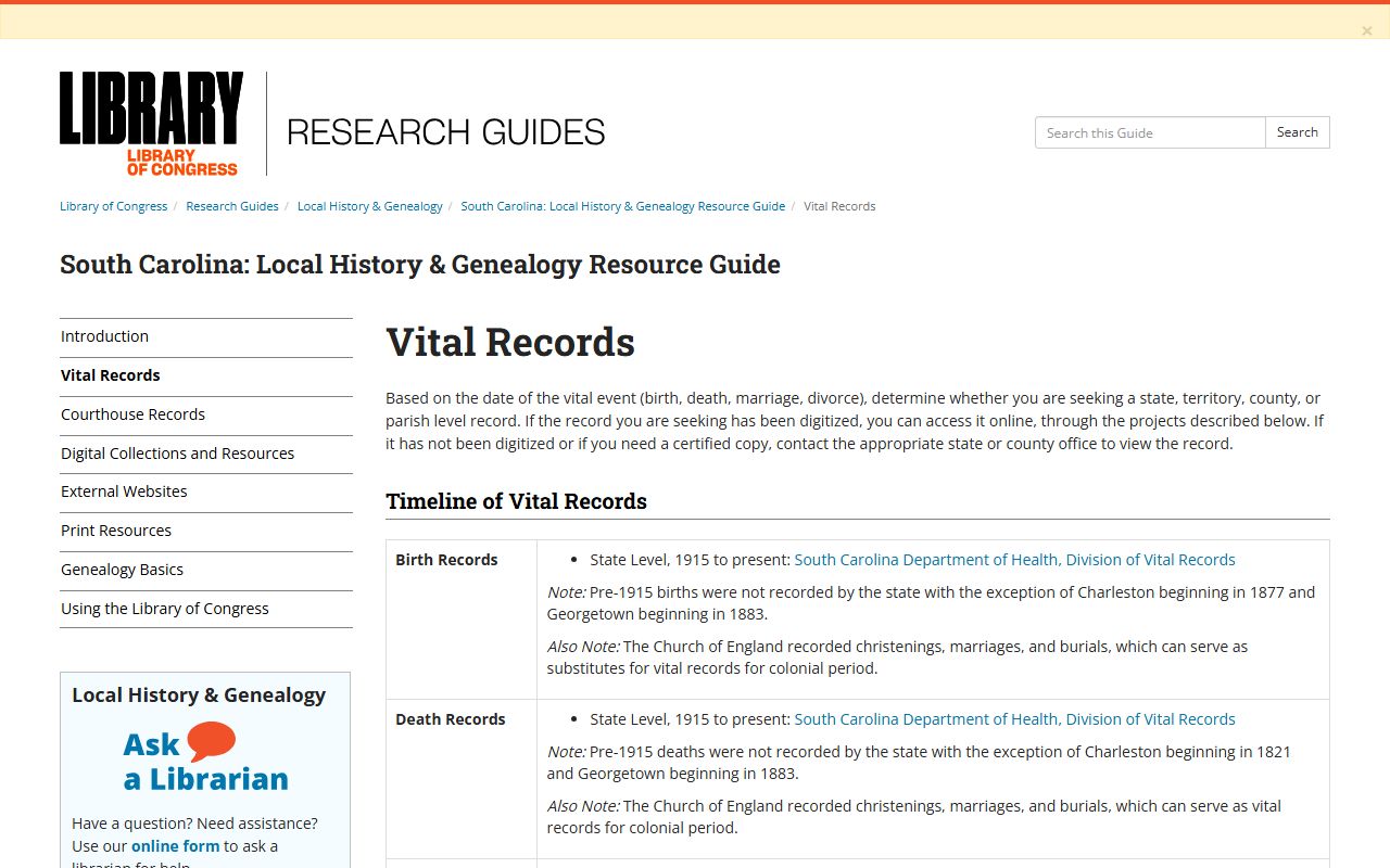 Library of Congress South Carolina vital records research guide