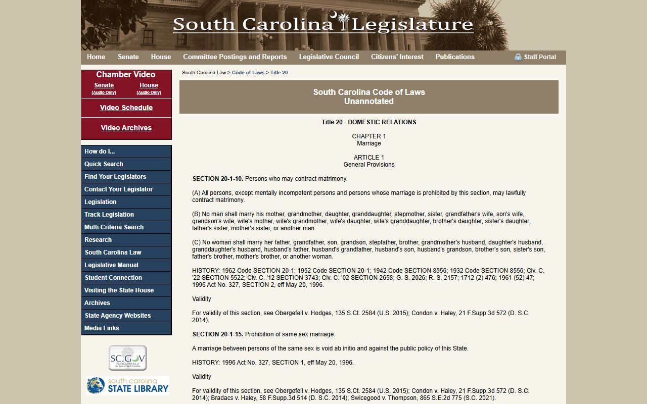 South Carolina Code of Laws Title 20 Chapter 1 marriage statutes