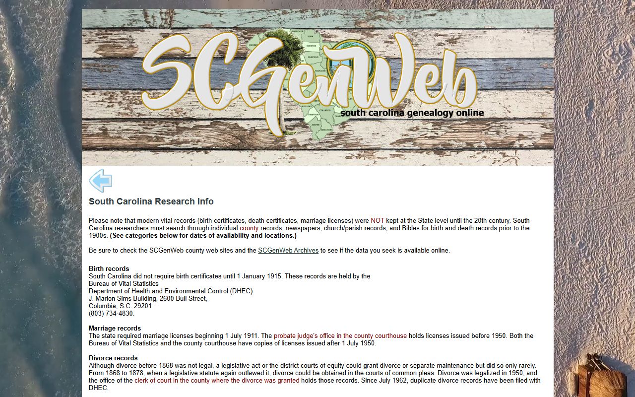 SCGenWeb South Carolina vital records and marriage information