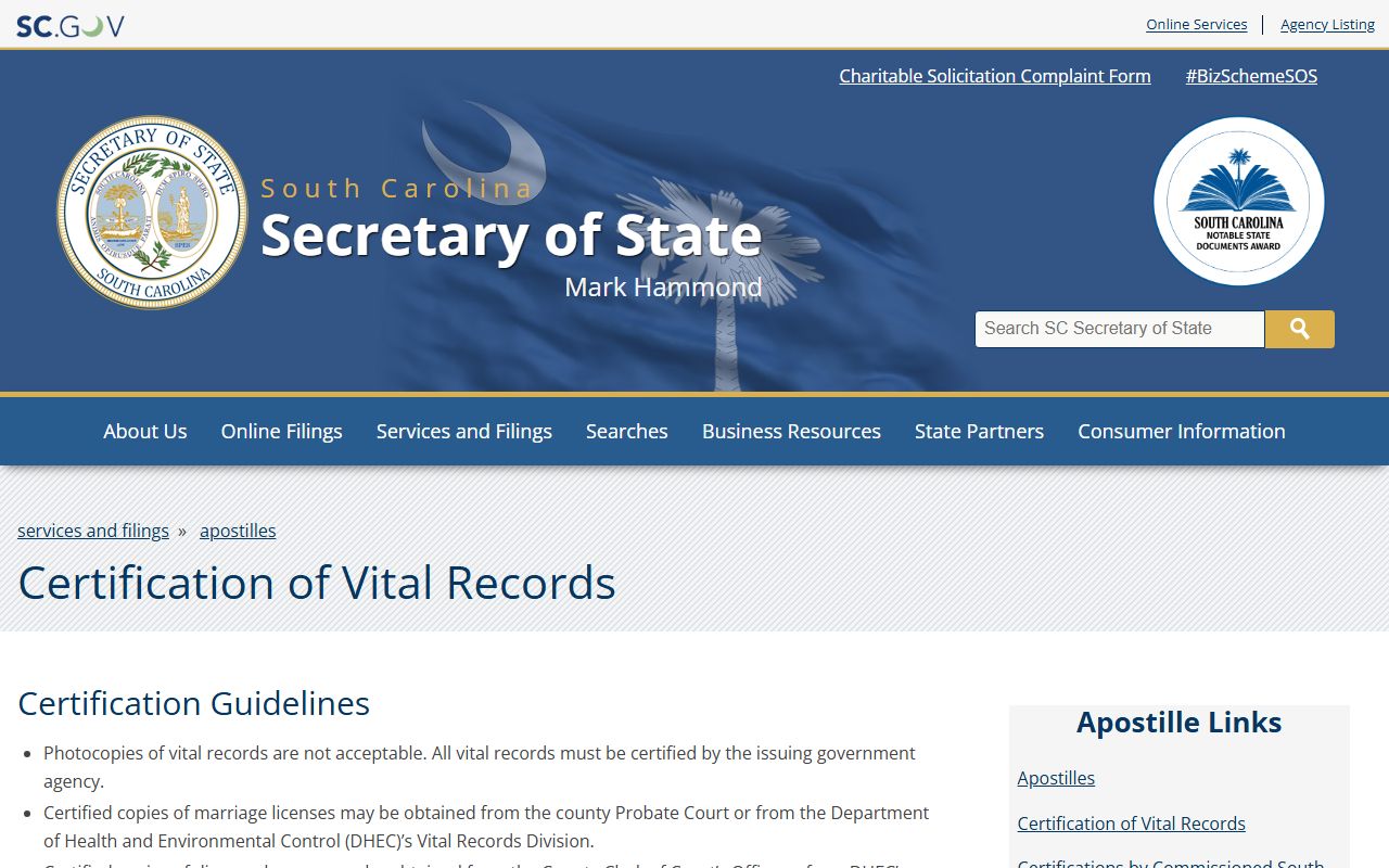 South Carolina Secretary of State vital records certification and apostille information